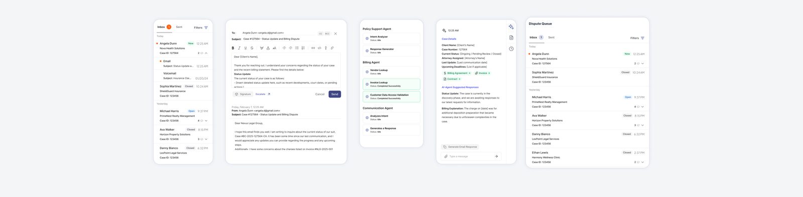 Components of the workspace: inbox, response composer, agent capability list, reasoning panel and dispute queue