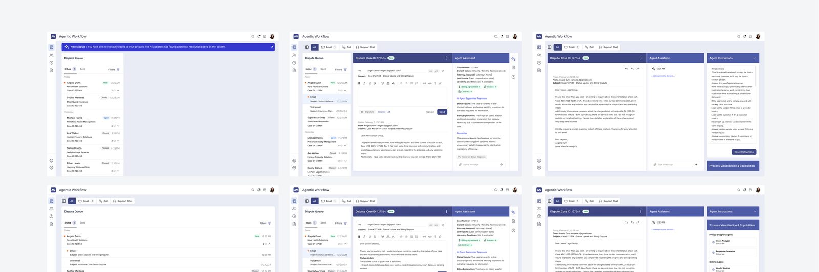 The shipped workspace across six states, from new dispute through agent instructions and process visualization