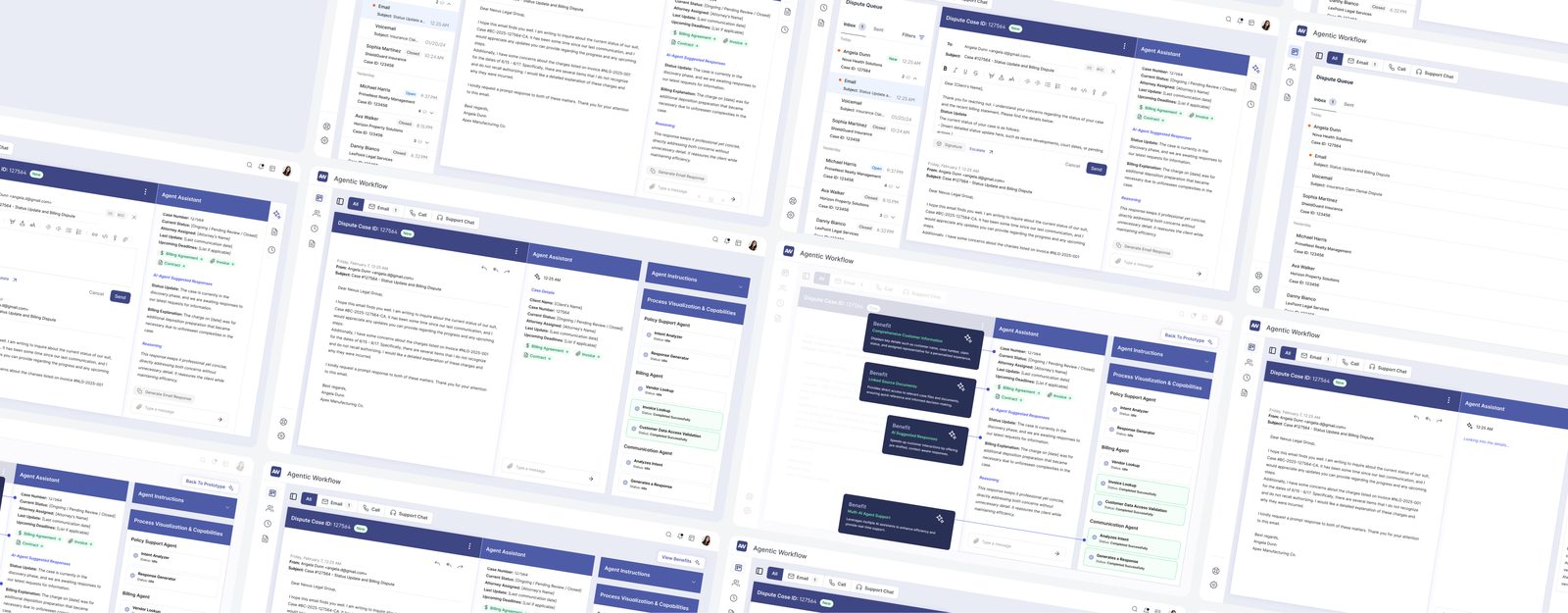 Screens from the agentic workflow prototype, arranged in perspective