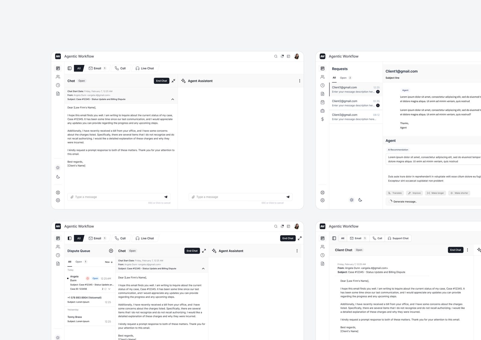 The chosen direction rendered at high fidelity: chat, request queue and the agent assistant panel