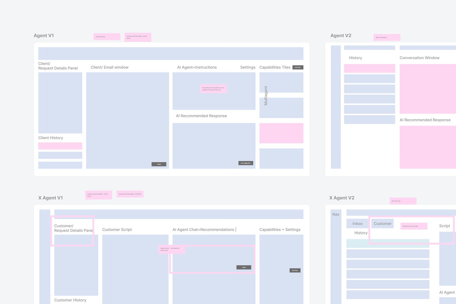 Layout explorations for the agent workspace, four variants