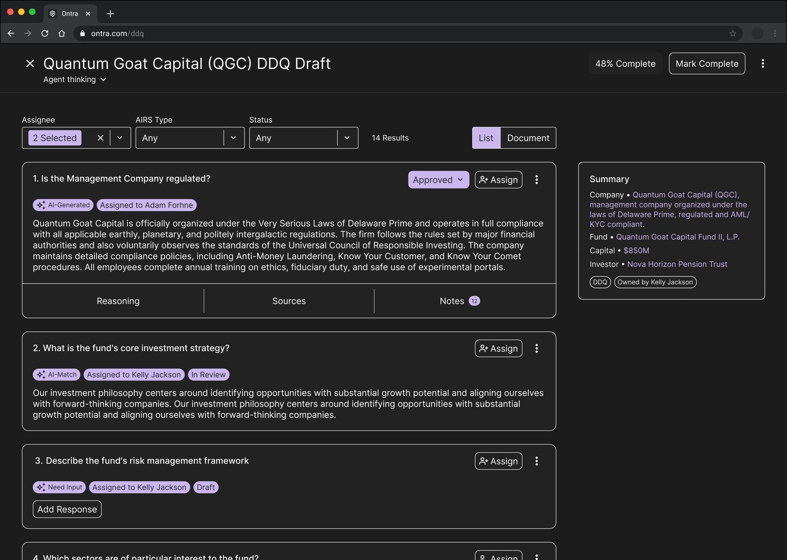 The DDQ agent workspace: response cards carrying status, provenance and assignee, with filters and a document summary