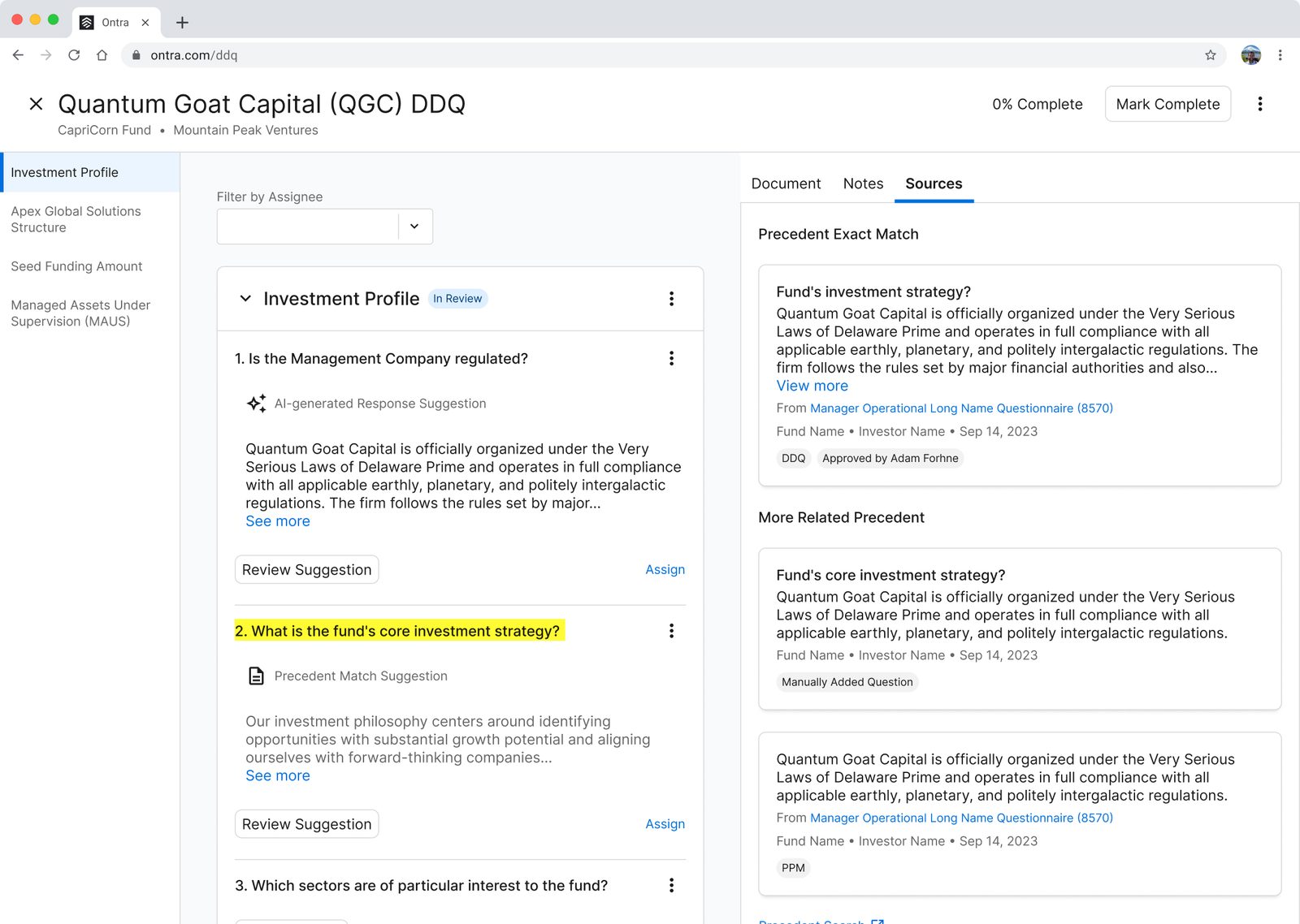 The previous Ontra DDQ interface: a section rail, truncated AI suggestions and a sources panel